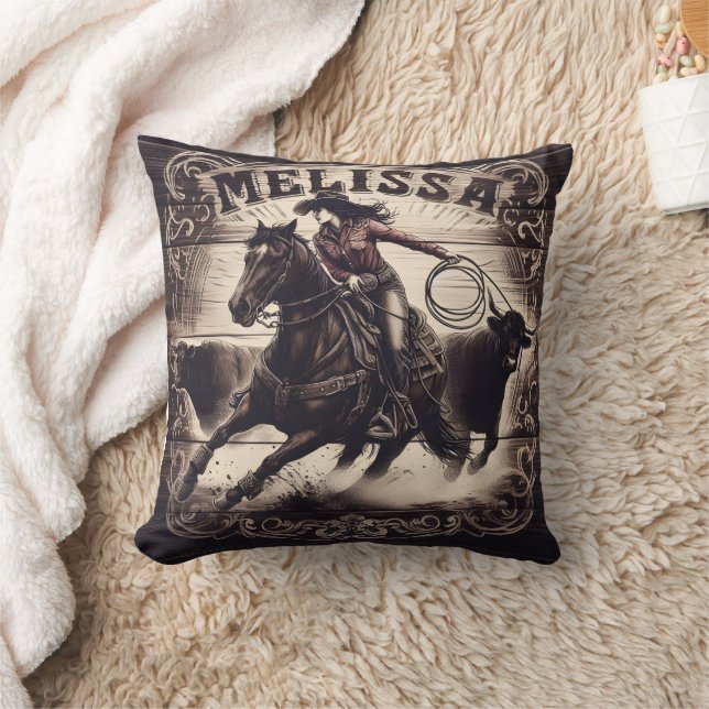 Cowgirl Sarah im Wettbewerb bei Rodeo Event Kissen (Decke)