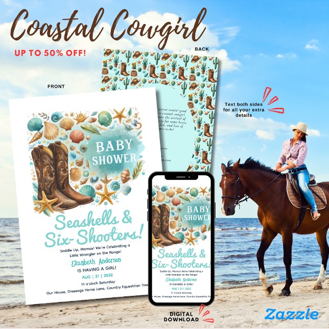 ⭐ Cowgirl Seashells Baby Dusche Aquamarin Einladung (Von Creator hochgeladen)