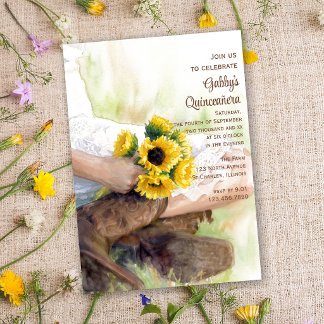 Cowgirl-Sonnenblumen Western-Watercolor Quinceañer Einladung