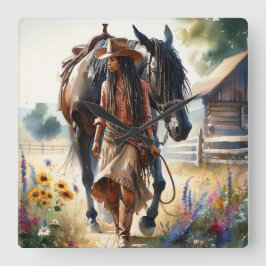 Cowgirl Spirit Western Quadratische Wanduhr
