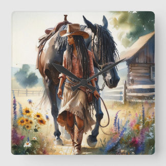 Cowgirl Spirit Western Quadratische Wanduhr