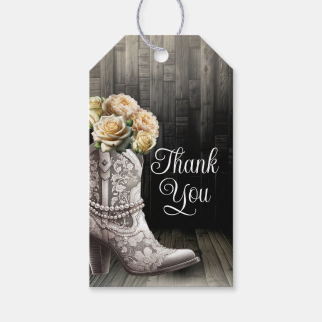 Cowgirl Spitzen Stiefel & White Blume Rustikale Br Geschenkanhänger (Vorderseite)