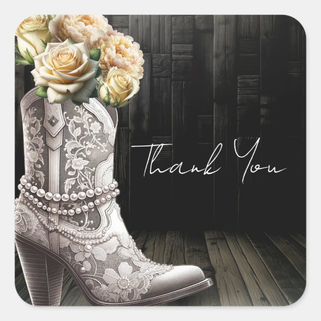 Cowgirl Spitzen Stiefel & White Blume Rustikale Br Quadratischer Aufkleber (Vorderseite)