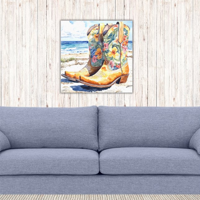 Cowgirl Stiefel mit hawaiianischer Wasserfarbe Leinwanddruck (Tropical Hawaiian Floral Patterned Cowgirl Boots on the Beach Western Canvas Print)