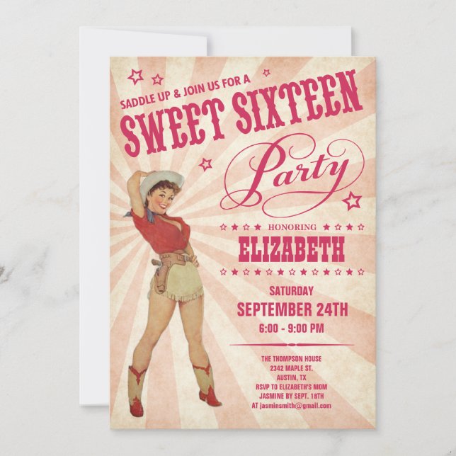 Cowgirl Sweet 16 Party Einladungen (Vorderseite)