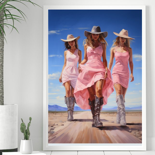 Cowgirl-Trio an der Küste in farbenfrohen rosa Kle Poster (Von Creator hochgeladen)