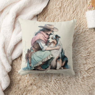 Cowgirl und Hund Pastell Wasserfarbe Kissen