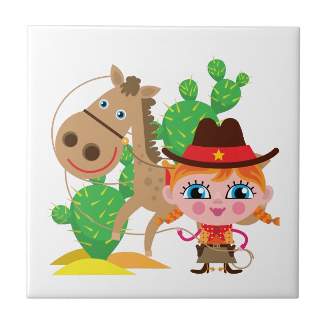 Cowgirl und Pferd Fliese (Vorderseite)