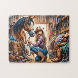 Cowgirl und Pferd im Stall auf der Ranch