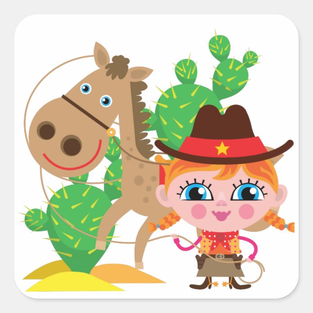 Cowgirl und Pferd Quadratischer Aufkleber (Vorderseite)