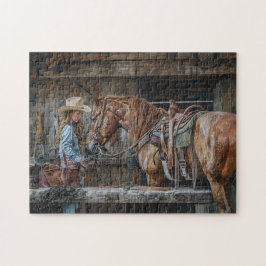 Cowgirl und Pferd Rustikale Western-Ranch