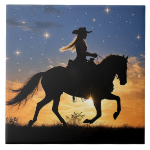 Cowgirl und Pferd Sonnenuntergang Fantasy Country Fliese