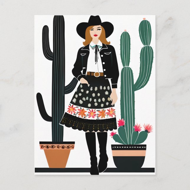 Cowgirl-und Potted Cactus Pflanze Postkarte (Vorderseite)