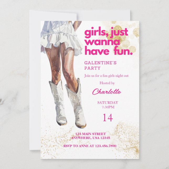 Cowgirl Watercolor Girls Galentines Party Einladung (Vorderseite)