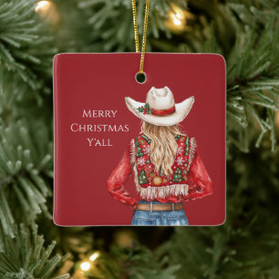 Cowgirl Western Blonde Haare Weihnachten Keramikornament