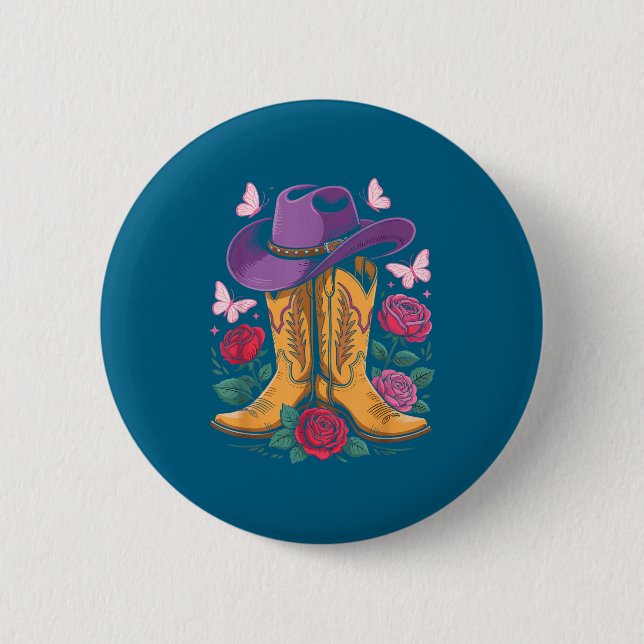 Cowgirl Western Cowboy Hat Boots With Roses Countr Button (Vorderseite)