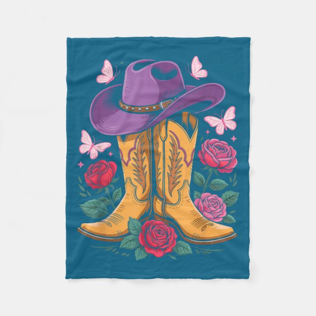 Cowgirl Western Cowboy Hat Boots With Roses Countr Fleecedecke (Vorderseite)