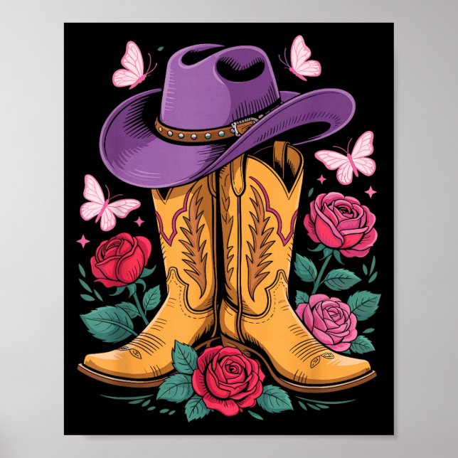 Cowgirl Western Cowboy Hat Boots With Roses Countr Poster (Vorne)