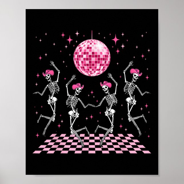 Cowgirl Western Funny Dancing Skelette und Disco Poster (Vorne)