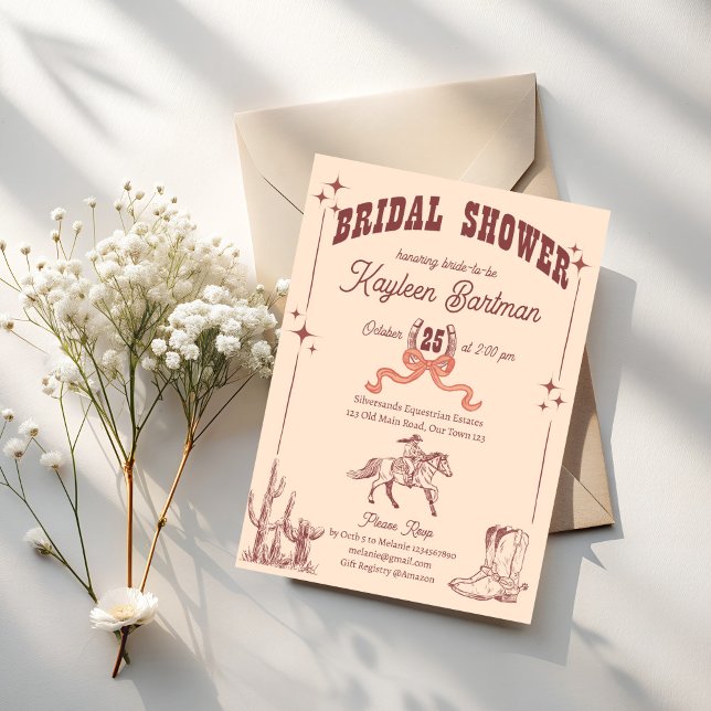 Cowgirl Western Retro-Brautparty Einladung (Cowgirl western retro bridal shower invitation template brown boots horse shoe bow horse vintage)