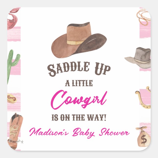 Cowgirl Western Rodeo Wild West Baby Dusche Quadratischer Aufkleber (Vorderseite)