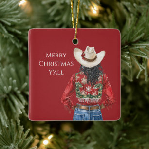 Cowgirl Western Schwarze Haare Weihnachten Keramikornament