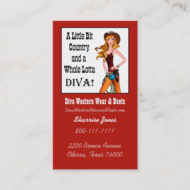 "Cowgirl Western Wear and Boots" Diva  Visitenkarte (Vorderseite)