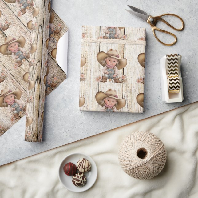 Cowgirl Western Weiße Holzkörnchen rustikales Mädc Geschenkpapier (Kunsthandwerk)