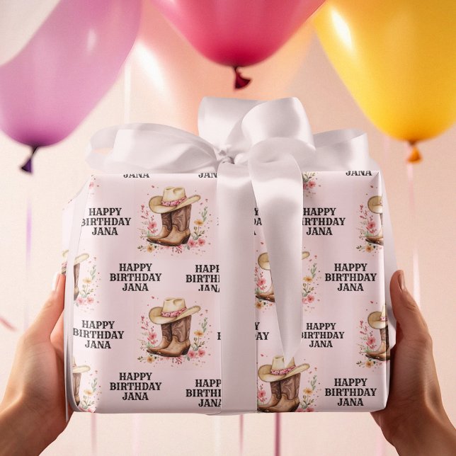 Cowgirl Wildblumen Bash Birthday | Rosa Western Geschenkpapier (Von Creator hochgeladen)