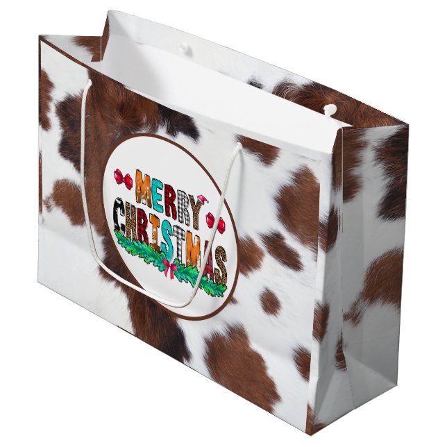 Cowhide Brown White Frohe Weihnachten Große Geschenktüte (Vorderseite Schrägansicht)