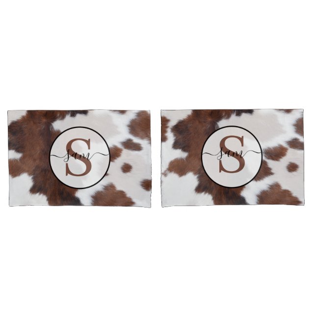 Cowhide Brown White Monogram Pillowcase Kissenbezug (Vorderseite-Set)