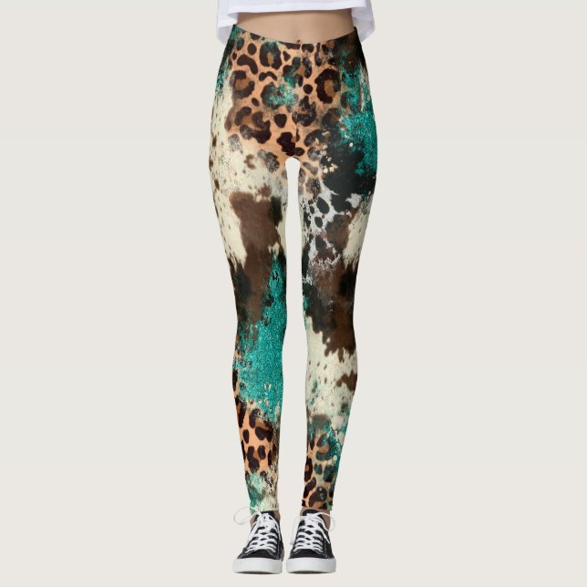Cowhide Leopard Print Türkis Frauen Leggings (Vorderseite)