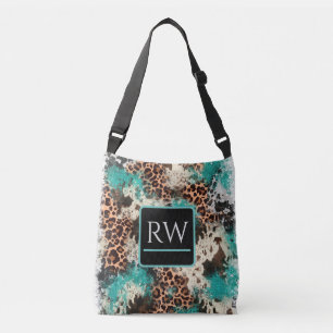 Cowhide Leopard Print Turquoise Totbeutel Tragetaschen Mit Langen Trägern