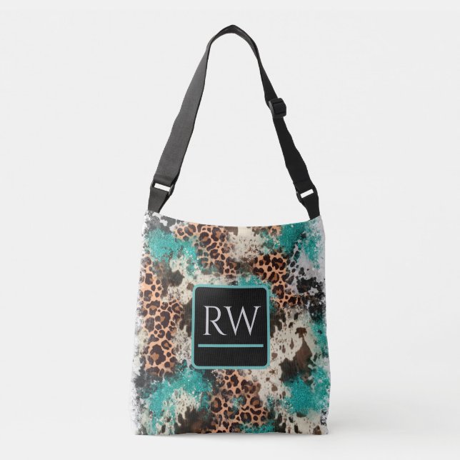 Cowhide Leopard Print Turquoise Totbeutel Tragetaschen Mit Langen Trägern (Vorderseite)