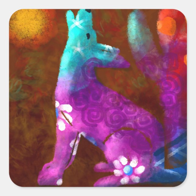 Coyote Abstrakt Art Saguaro Cactus Desert Brown Quadratischer Aufkleber (Vorderseite)