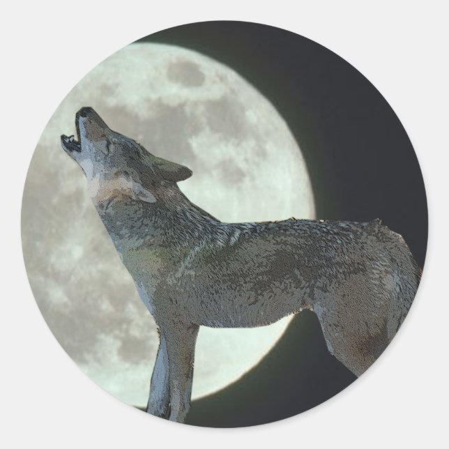 Coyote Howling am Mond Runder Aufkleber (Vorderseite)