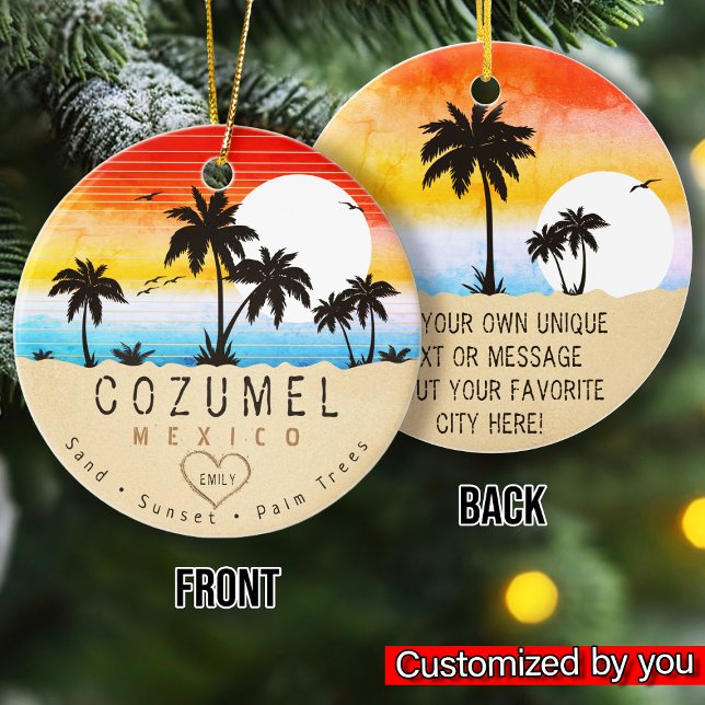 Cozumel Mexico Retro Sunset Palm Tree Souvenir 60e Keramik Ornament (Von Creator hochgeladen)