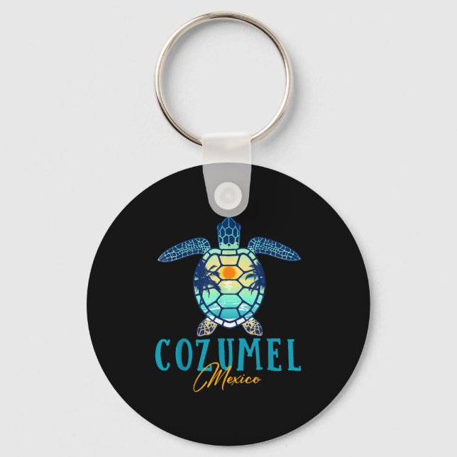 Cozumel Mexico Sea Turtle Palm Tree Sunset Beach V Schlüsselanhänger (Vorderseite)