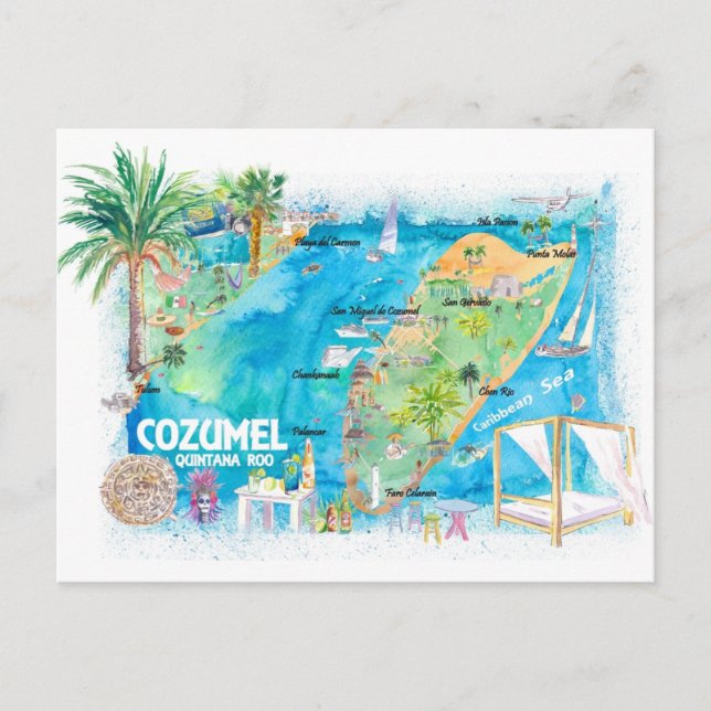 Cozumel Quintana Roo Mexique Carte de voyage illus (Devant)