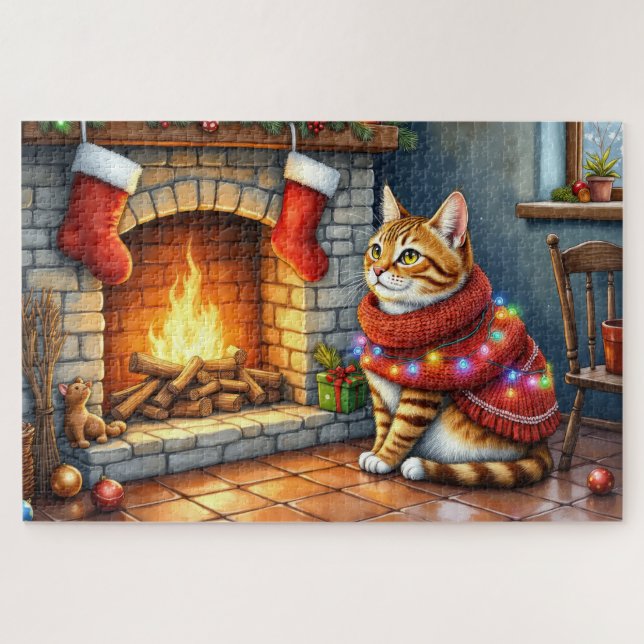 Cozy Abyssinian Cat by Fireplace Christmas Lights (Horizontal)