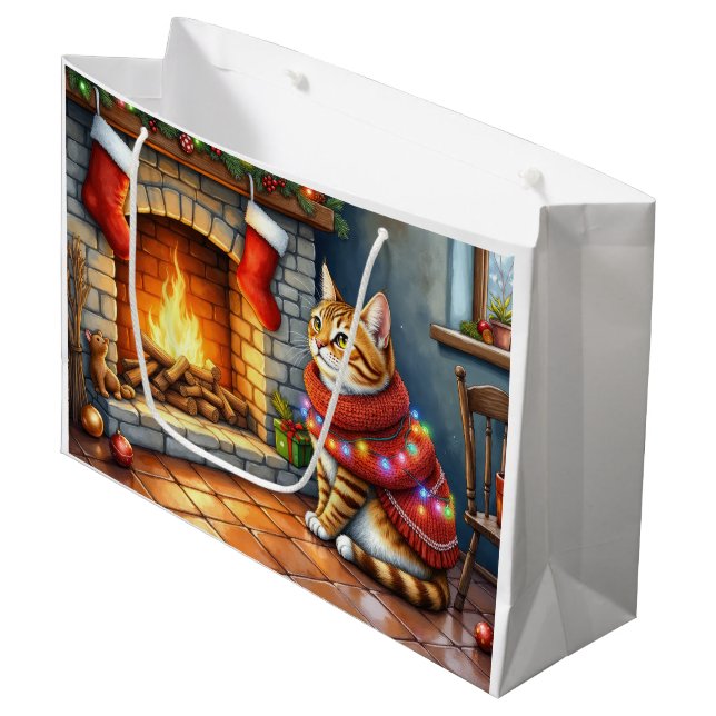Cozy Abyssinian Cat by Fireplace Christmas Lights Große Geschenktüte (Vorderseite Schrägansicht)