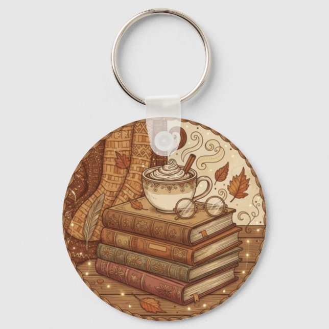 Cozy Autumn Books and Coffee Illustration Schlüsselanhänger (Vorderseite)