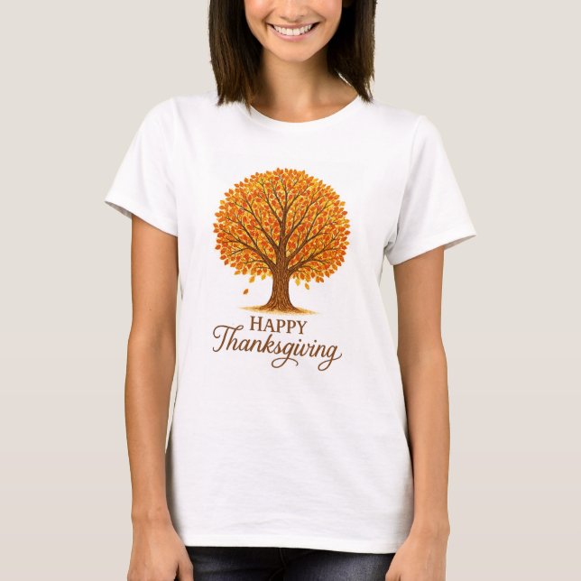 Cozy Autumn Tree Happy Thanksgiving  T-Shirt (Vorderseite)