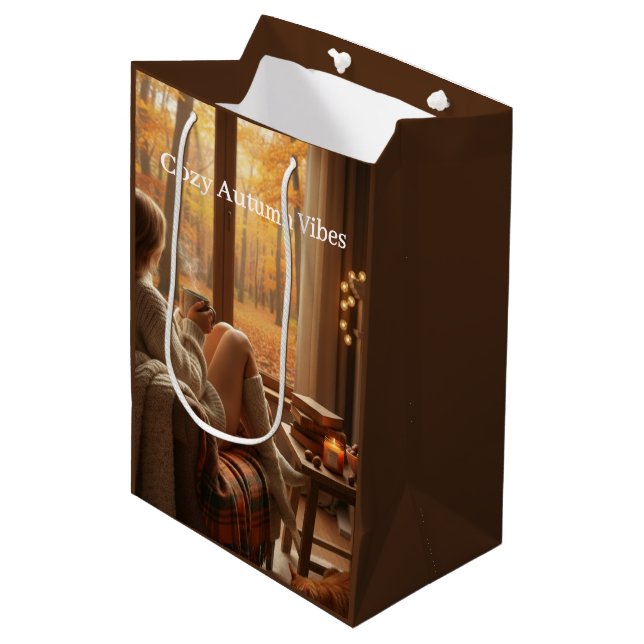 Cozy Autumn Vibes | Personalized Fall Cabin Window Mittlere Geschenktüte (Vorderseite Schrägansicht)