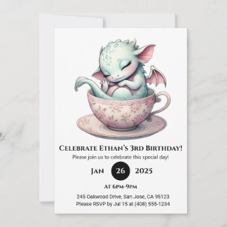 Cozy Baby Dragon in Floral Teacup Birthday Einladung