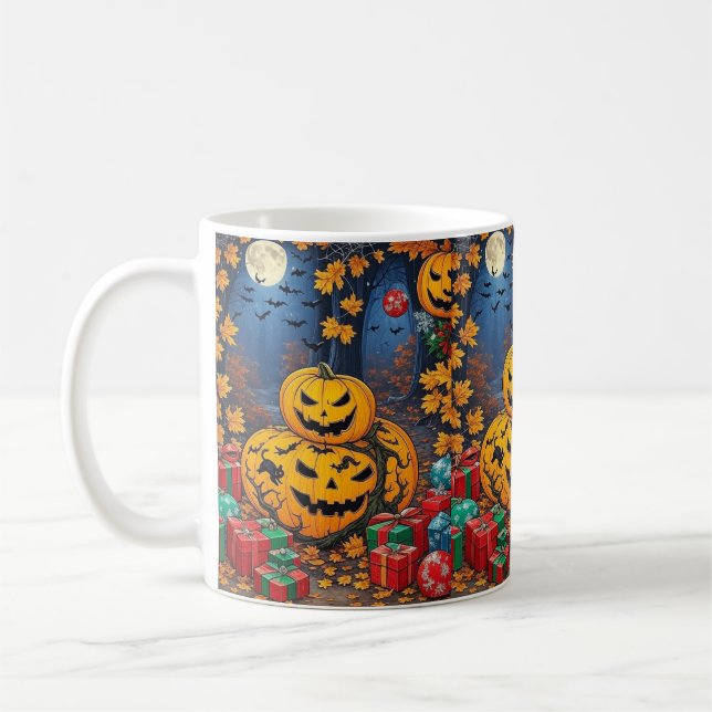 Cozy Black Background Ghost & Pumpkin All-Over Pat Kaffeetasse (Links)
