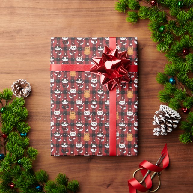 Cozy Buffalo Plaid Cats Christmas Red-Black  Geschenkpapier (Feiertagsgeschenk)