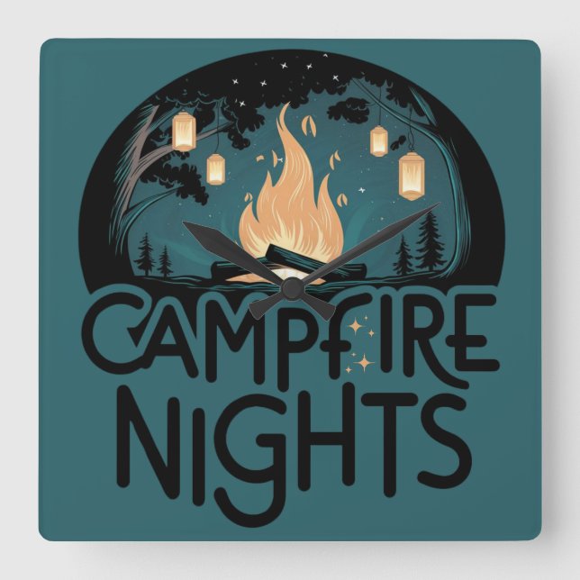 Cozy Campfire Nights Rustic Outdoor Adventure Quadratische Wanduhr (Vorderseite)