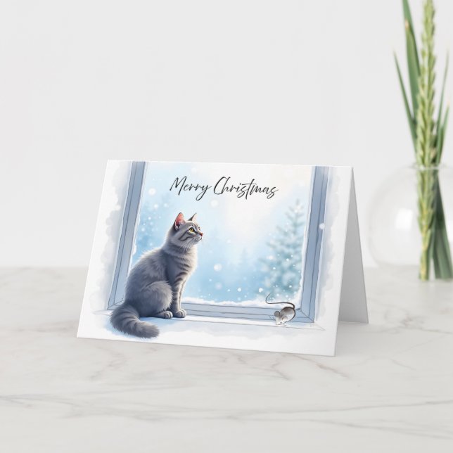 Cozy Cat and Mouse by Window Christmas Watercolor  Karte (Vorderseite)