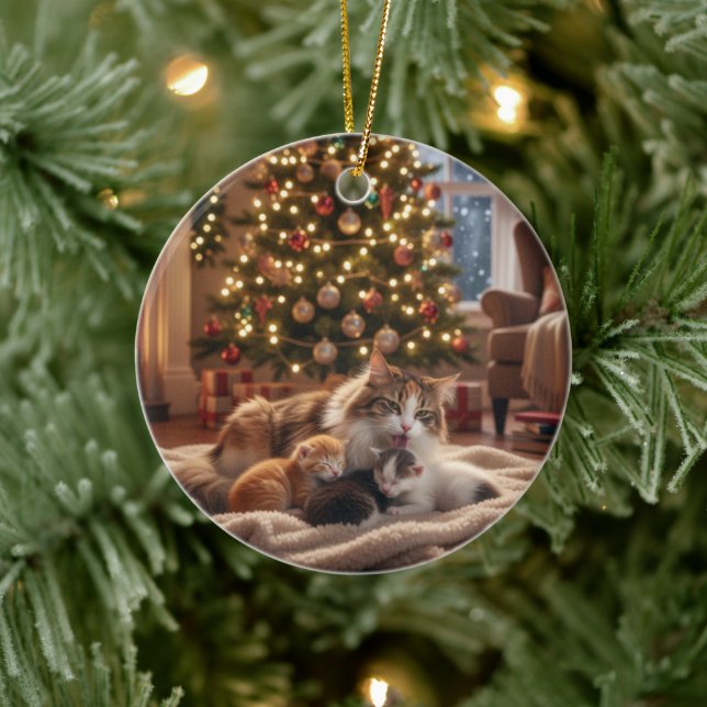 Cozy Cat Family Christmas Tree - Mama & Kitten Keramik Ornament (Baum)